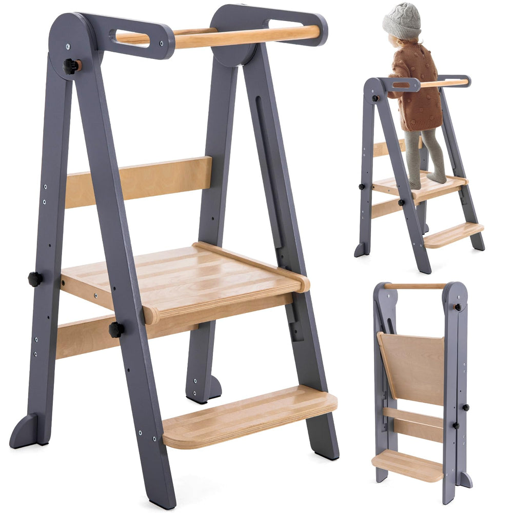 Gewitt foldable toddler stool front view in grey supports independence at the counter