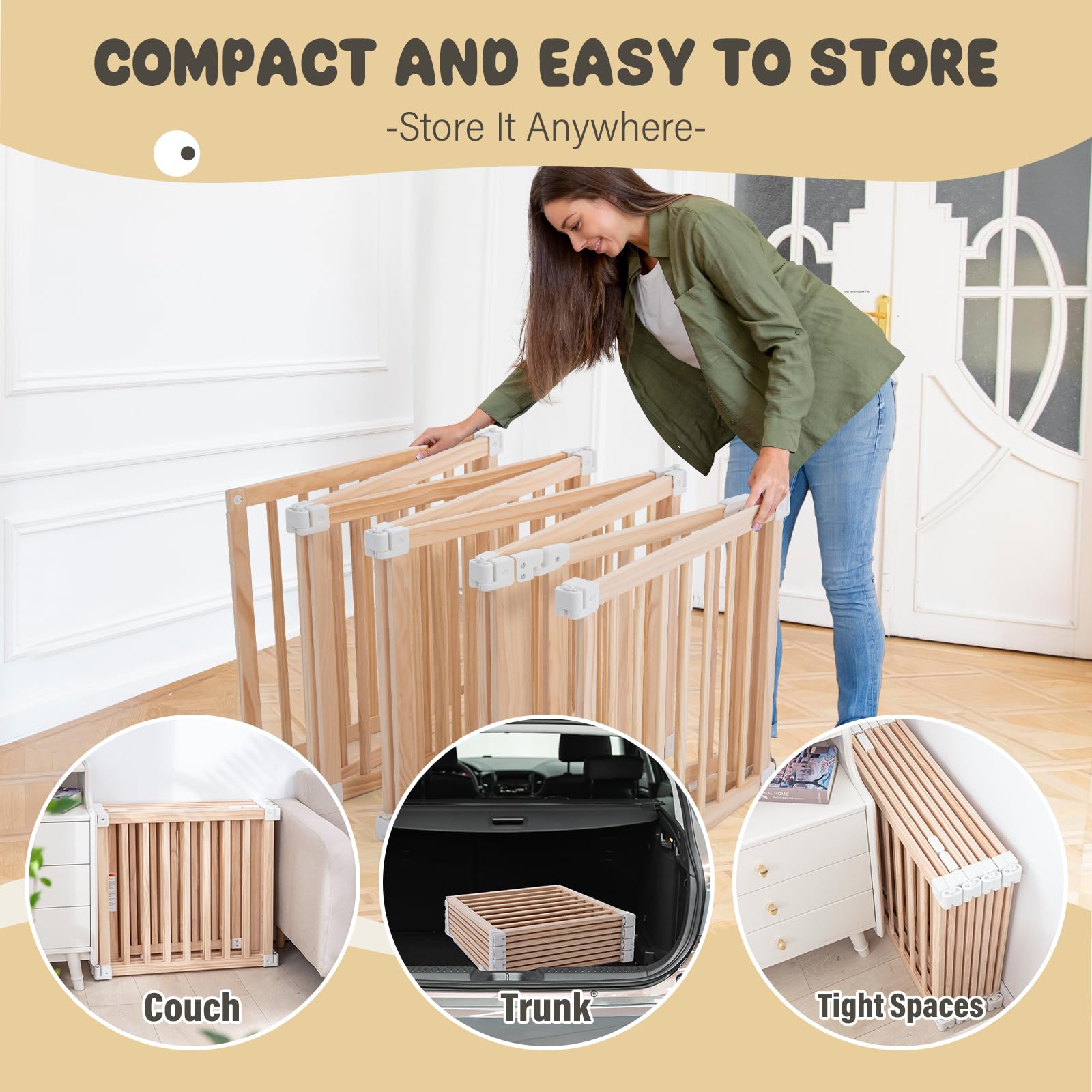 Gewitt foldable wooden playpen tool-free assembly with safety lock