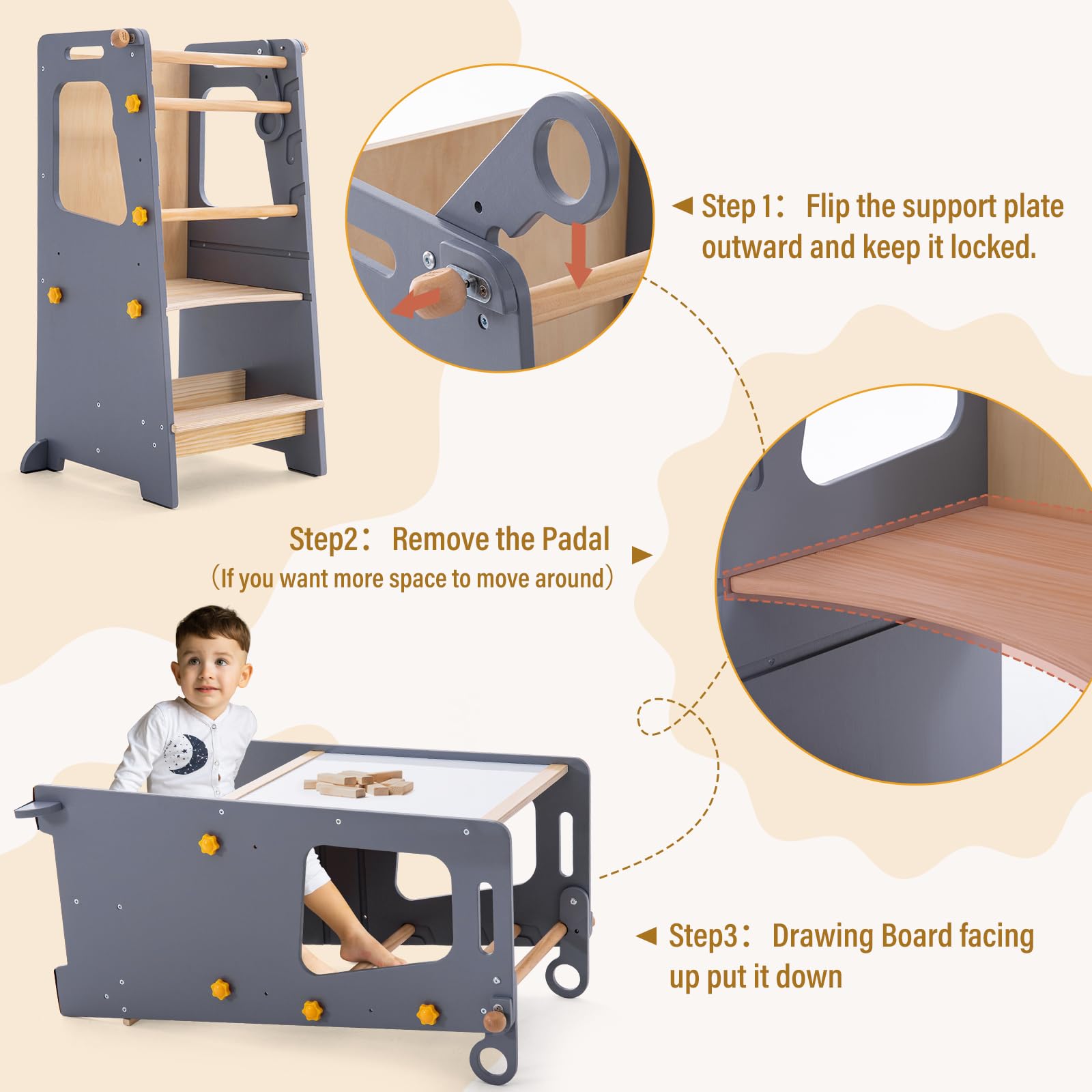 Gewitt Toddler Standing Tower used at kitchen counter for hands-on help.