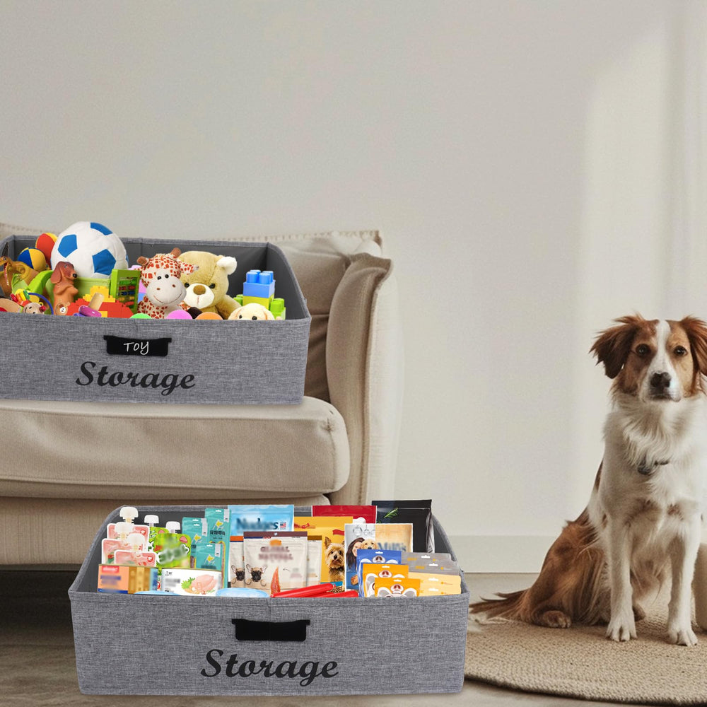 Geyecete dog toy bin in natural gray blends with home decor.