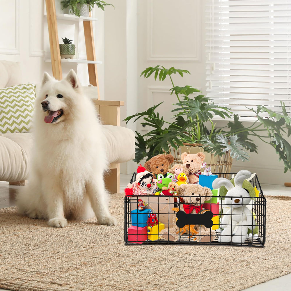 Geyecete dog toy box in use shows easy access during playtime cleanup.