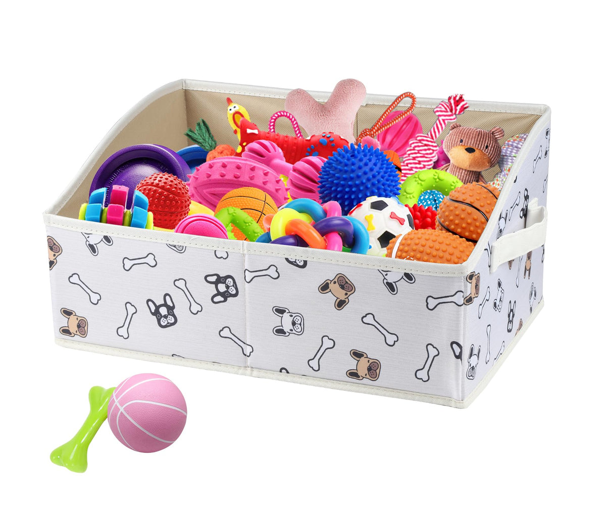 Geyecete foldable dog toy organizer in beige head print provides tidy toy storage.