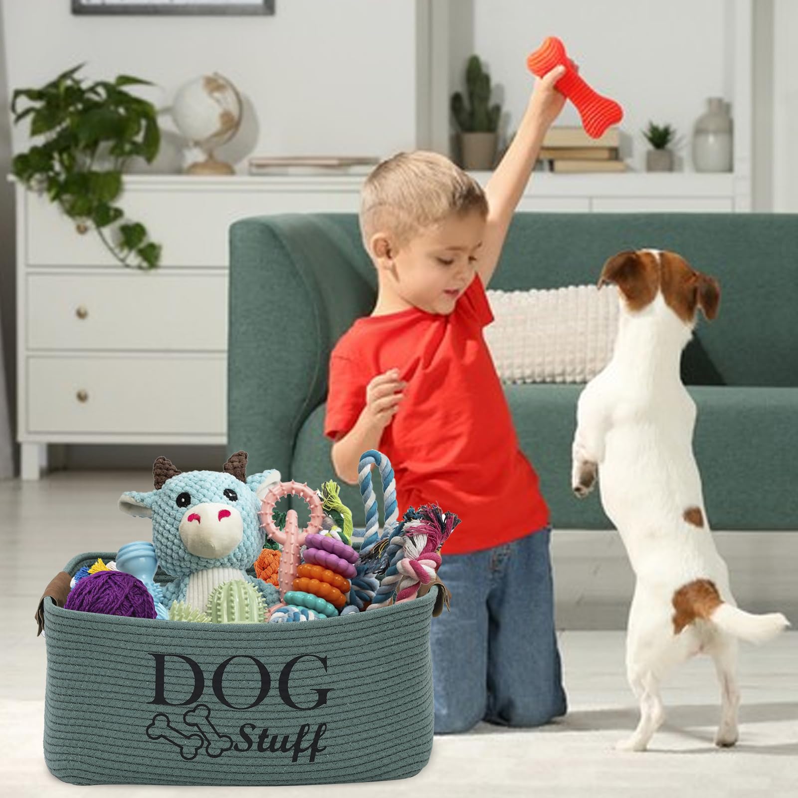 Geyecete square dog toy basket green beige pattern blends with interiors.
