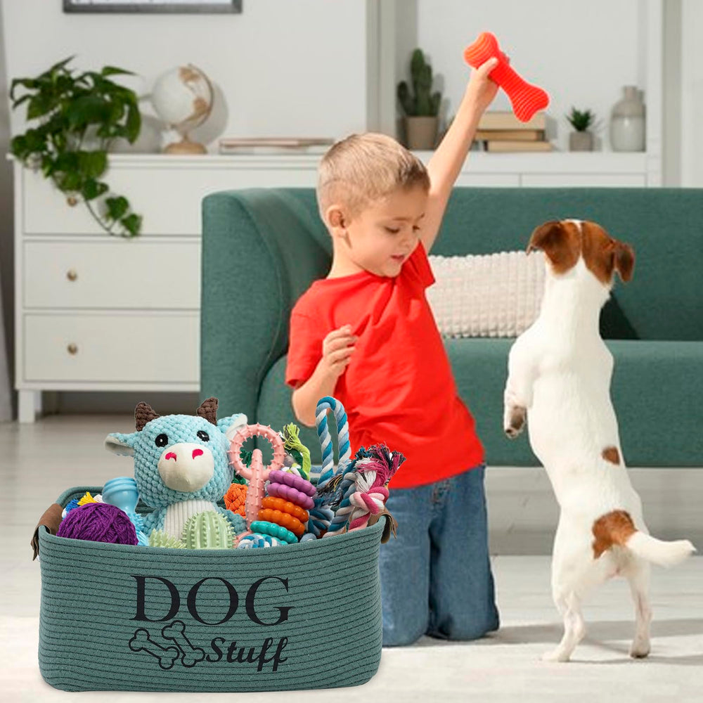 Geyecete square dog toy basket green beige pattern blends with interiors.