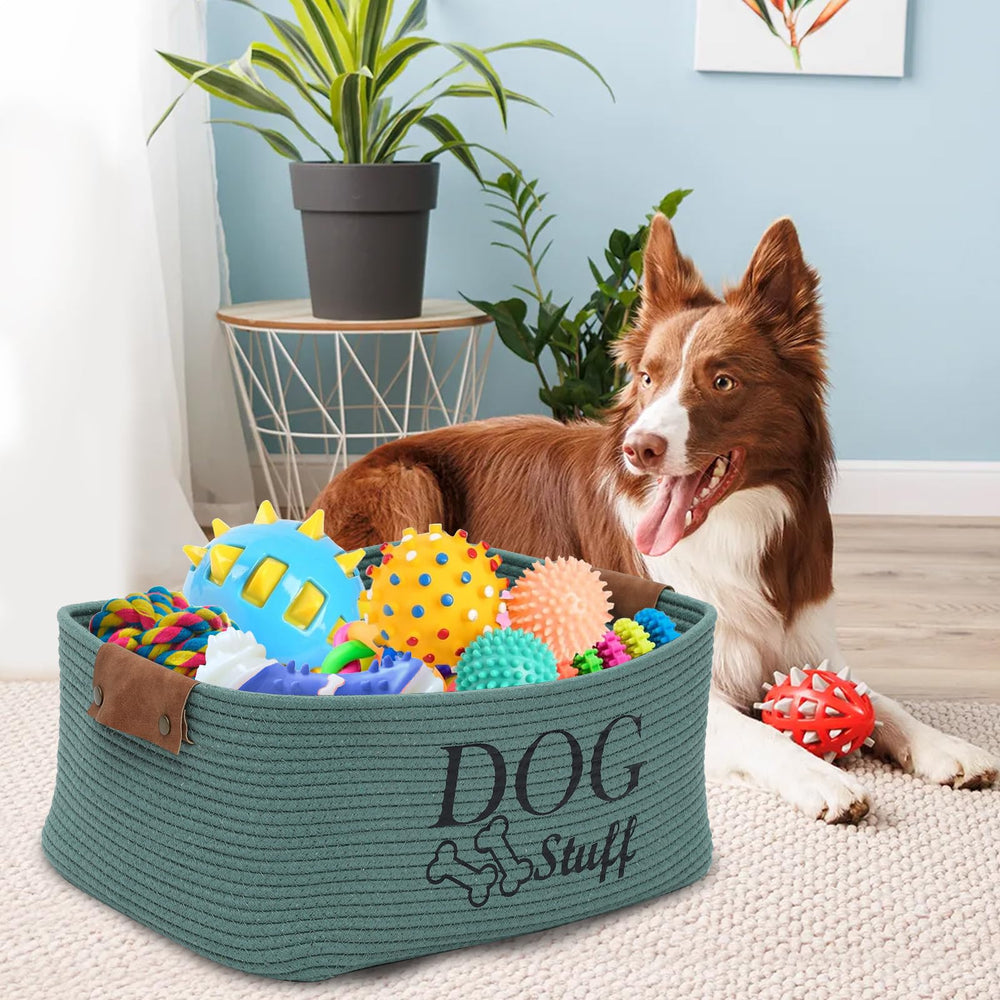 Geyecete square dog toy basket green with dog toys neatly stored.