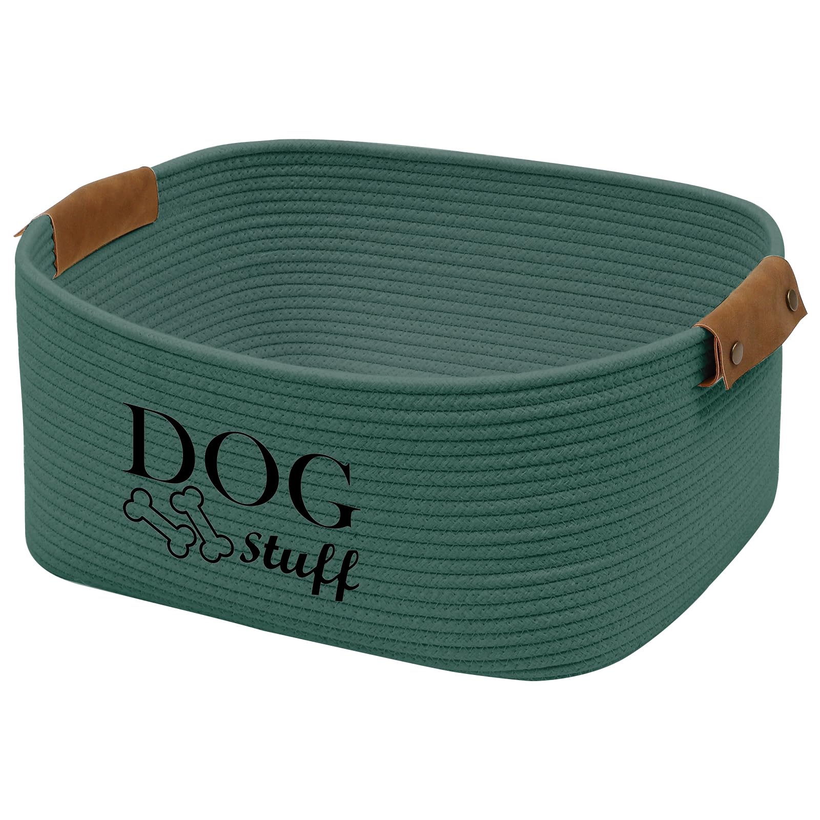 Geyecete square dog toy basket green front view for tidy toy storage.