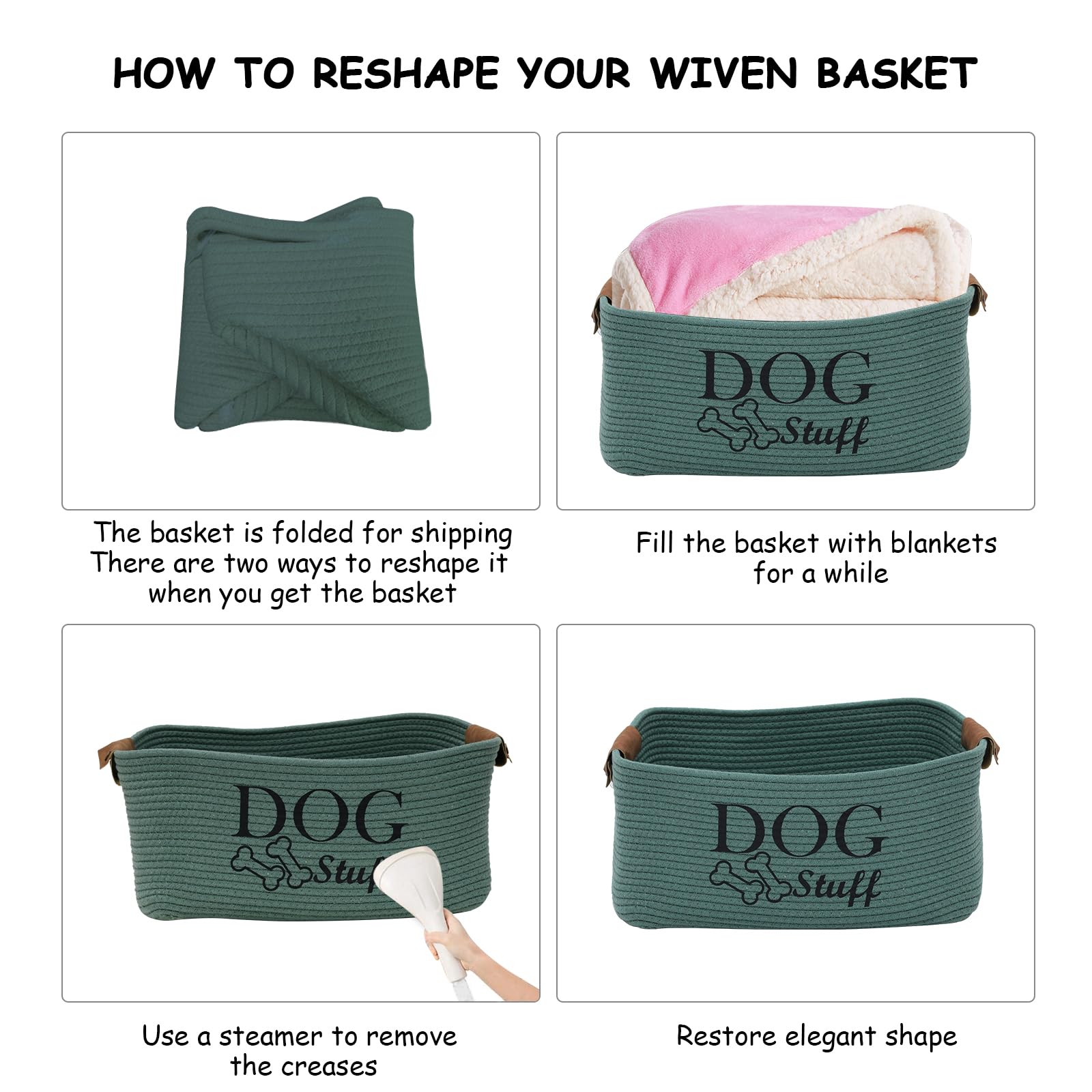 Geyecete square dog toy basket green in living room complements decor.