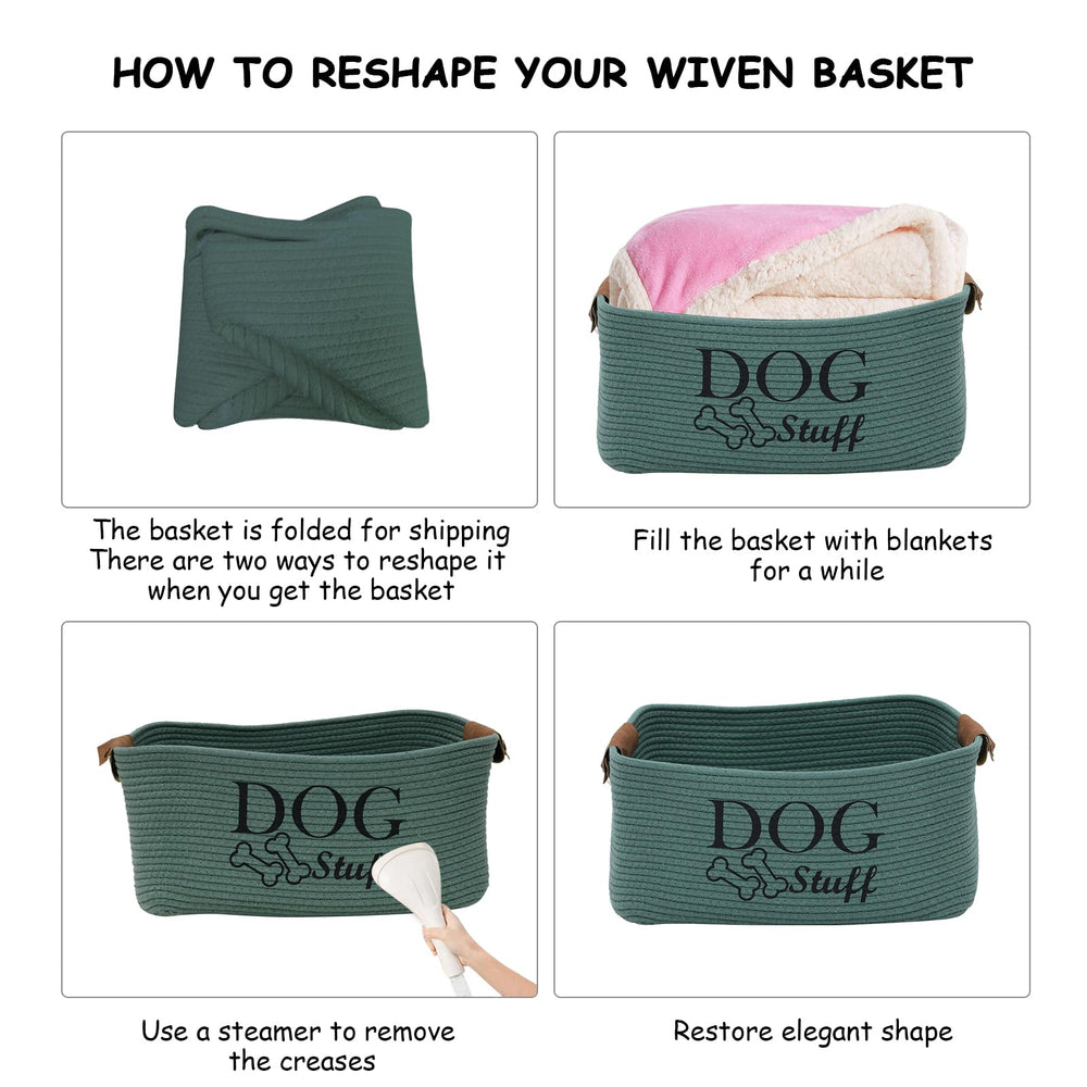 Geyecete square dog toy basket green in living room complements decor.