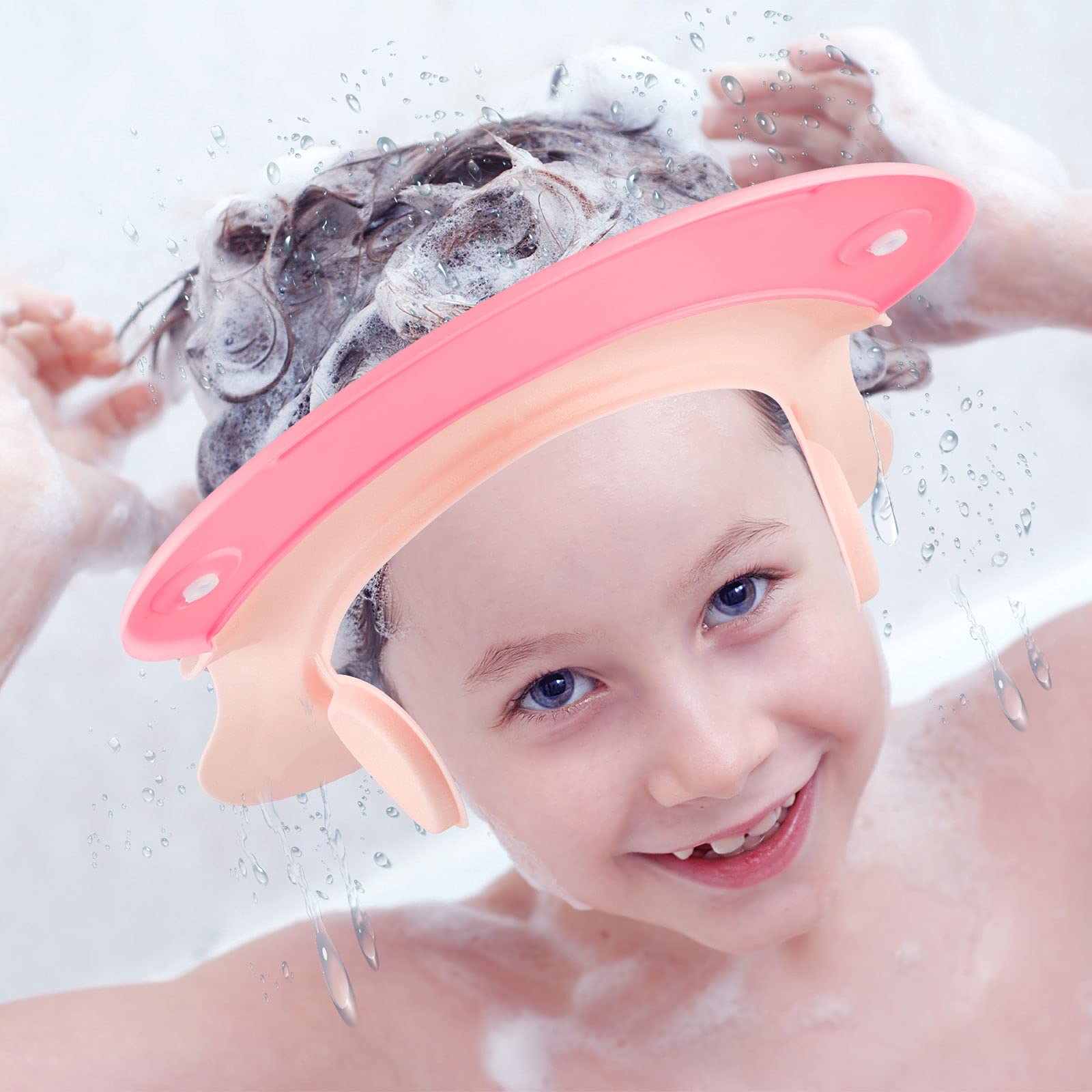 Geyoga Baby Shower Cap Pink Front View, adjustable fit for comfy bath time and splash protection.