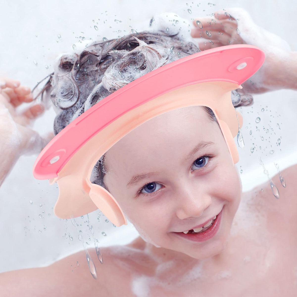 Geyoga Baby Shower Cap Pink Front View, adjustable fit for comfy bath time and splash protection.