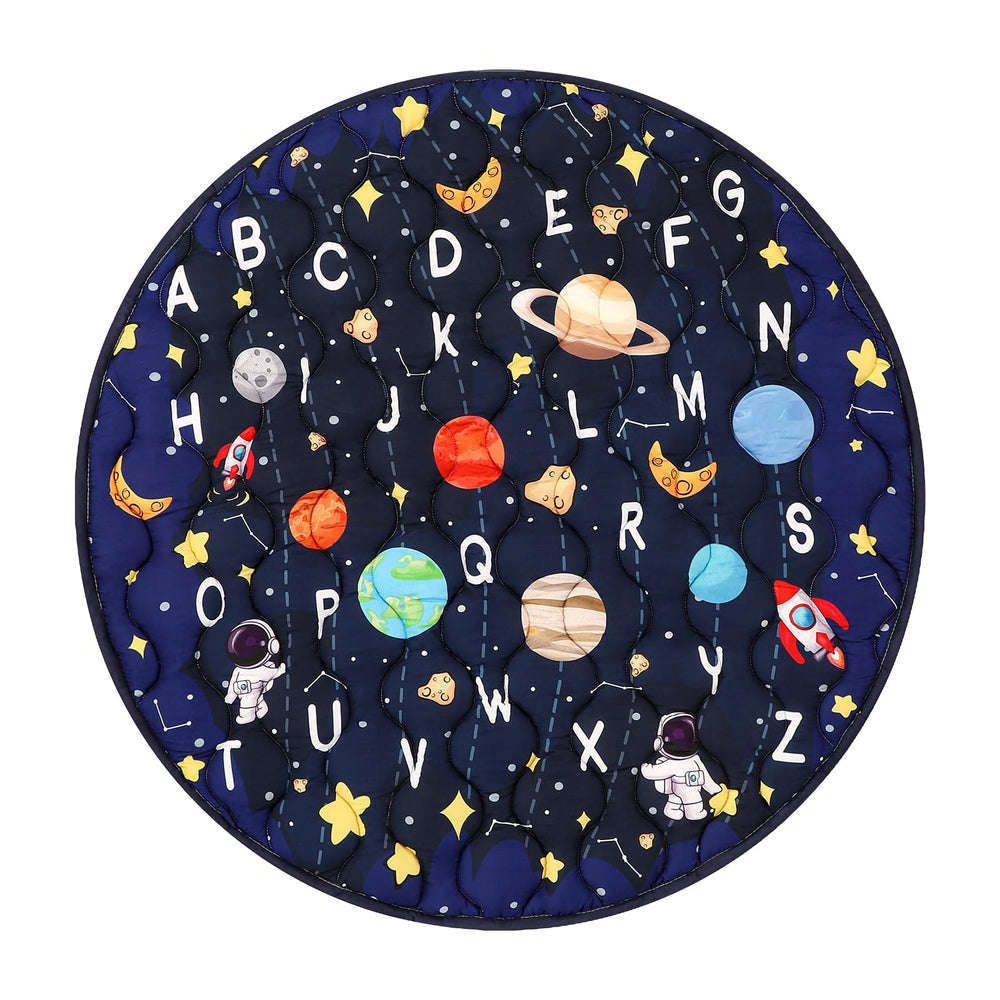 GFU baby play mat round blue folded for easy storage and travel.