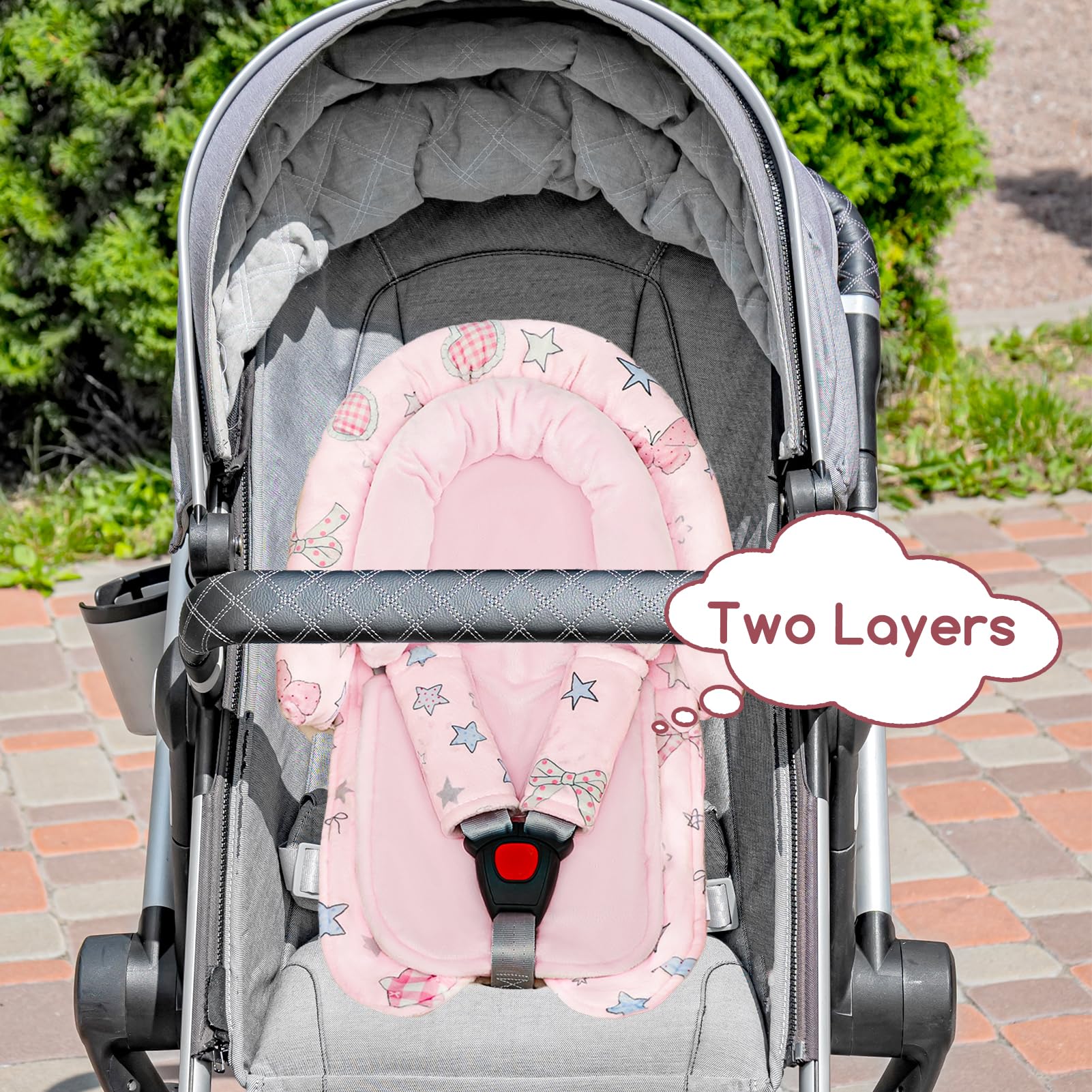 GFU pink stars stroller cushion adds cheerful styling and comfort
