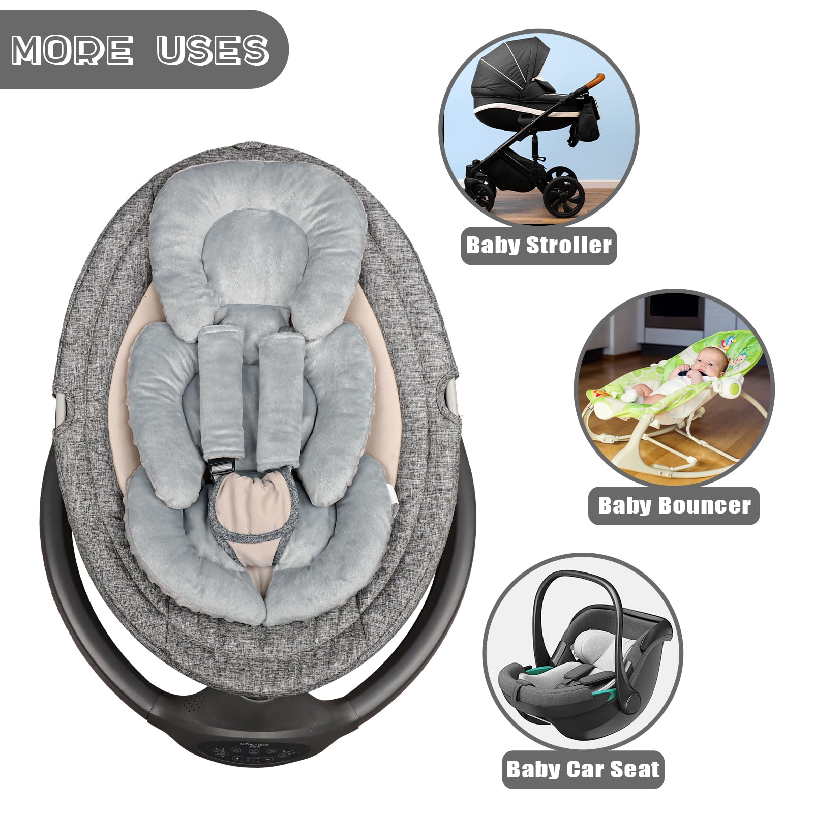GFU infant car seat insert harness-fit ensures compatibility with 3- and 5-point systems.