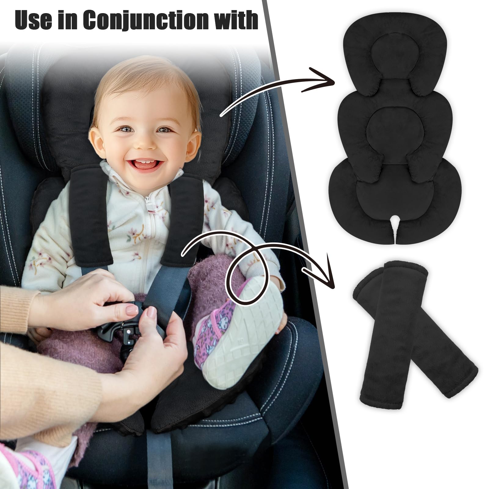 GFU soft cushion padding enhances infant comfort in car seats.
