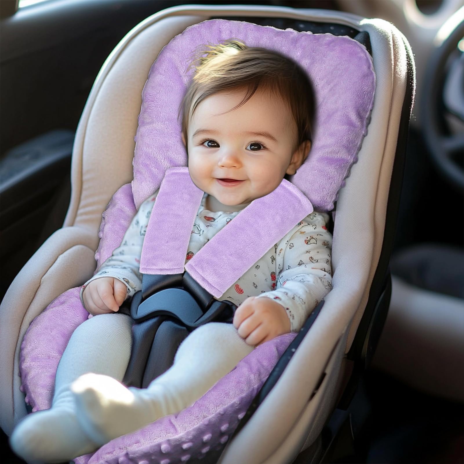 GFU infant seat insert plush front and 3D back fabrics deliver soft warmth and airflow.