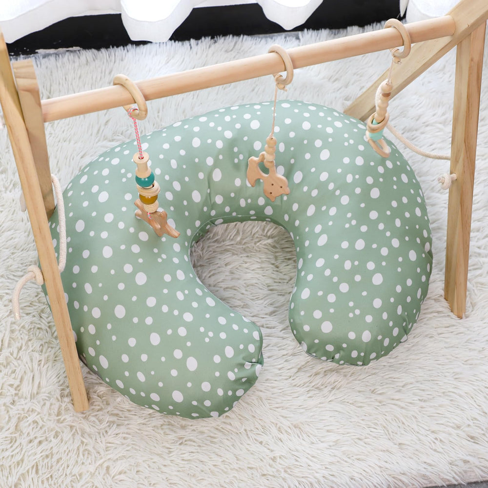 GFU nursing pillow cover green stretchy material offers flexible coverage.