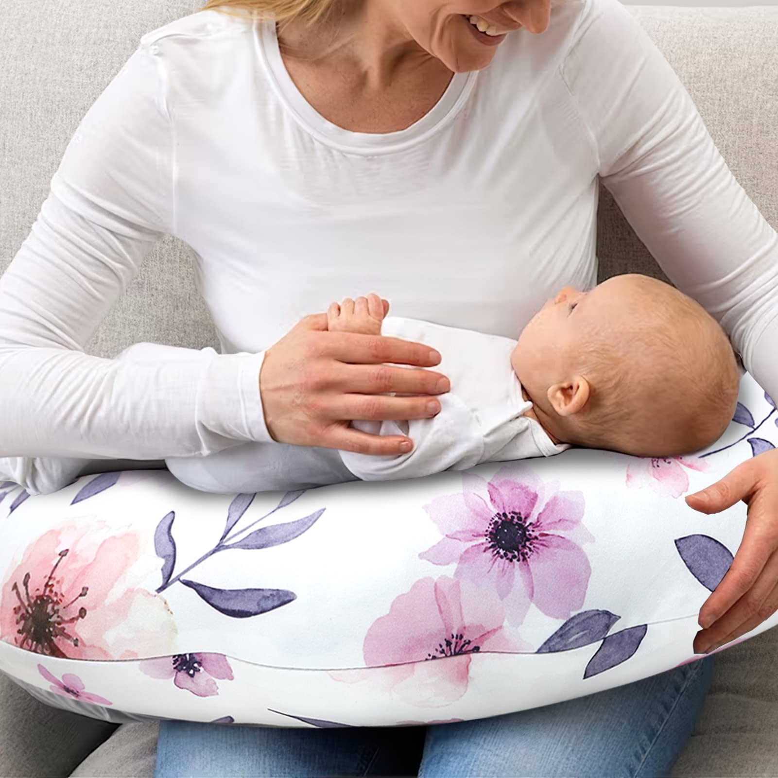 GFU nursing pillow cover stretchy material shown during easy on-off application.