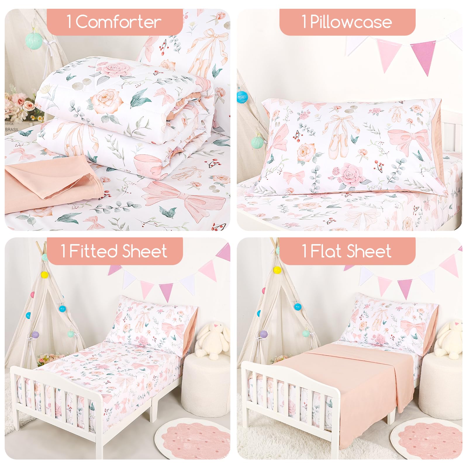 GFU Toddler Bedding flat sheet shows generous size for easy child-friendly bed making.