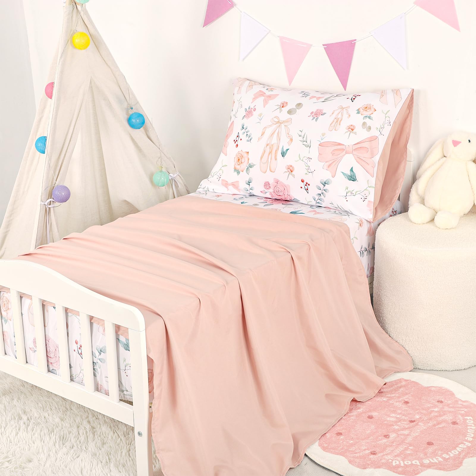 GFU Toddler Bedding pink bow pillowcase adds playful charm and soft comfort.