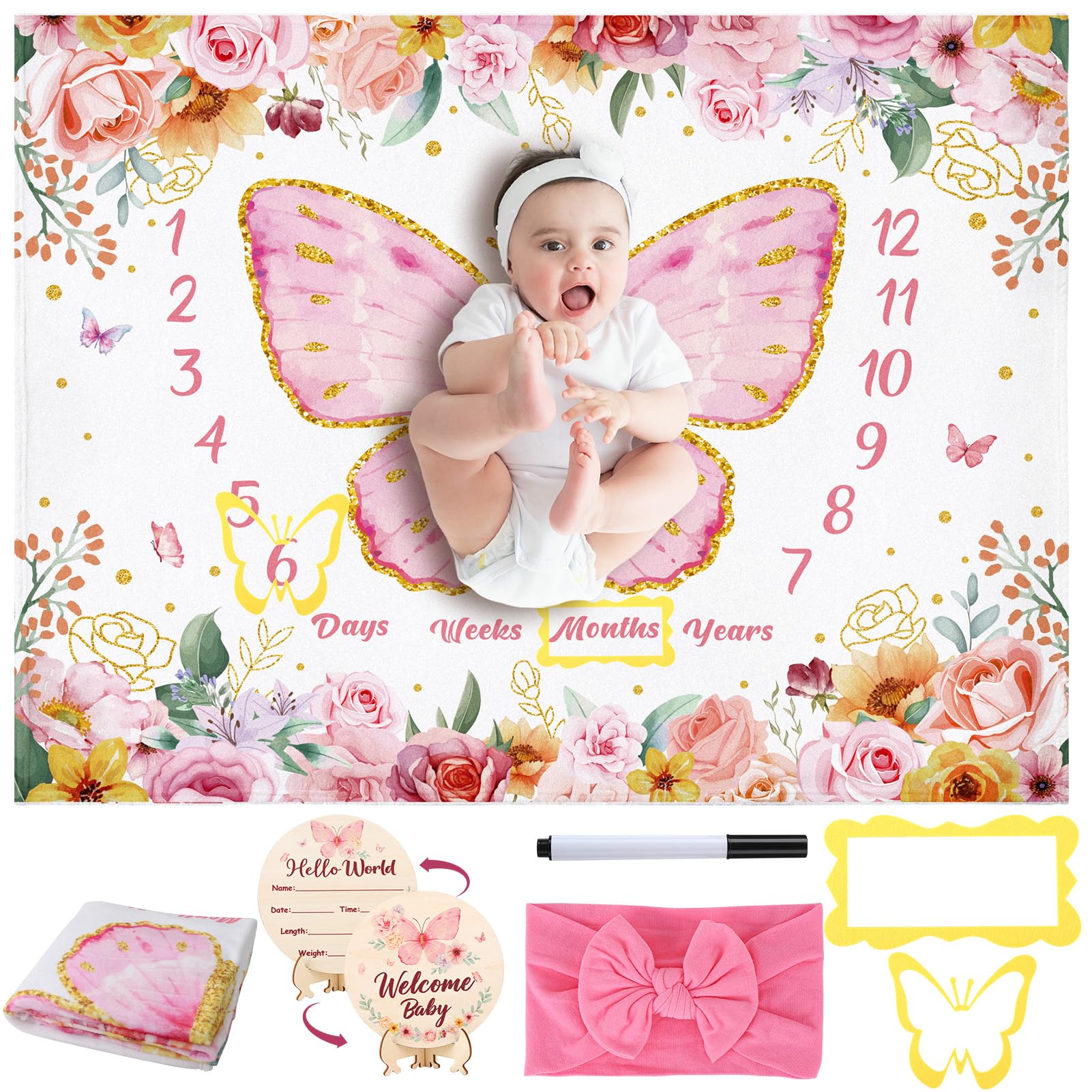 GGSTDDUP butterfly milestone blanket pink for monthly photos