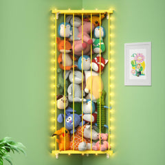 GGUO corner stuffed animal storage net assembly demonstrates a space-saving wall solution to keep toys off the floor.