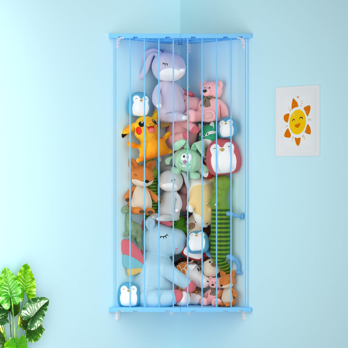 GGUO corner-stuffed-animal-storage-net blue wall-mount keeps plush toys off the floor.