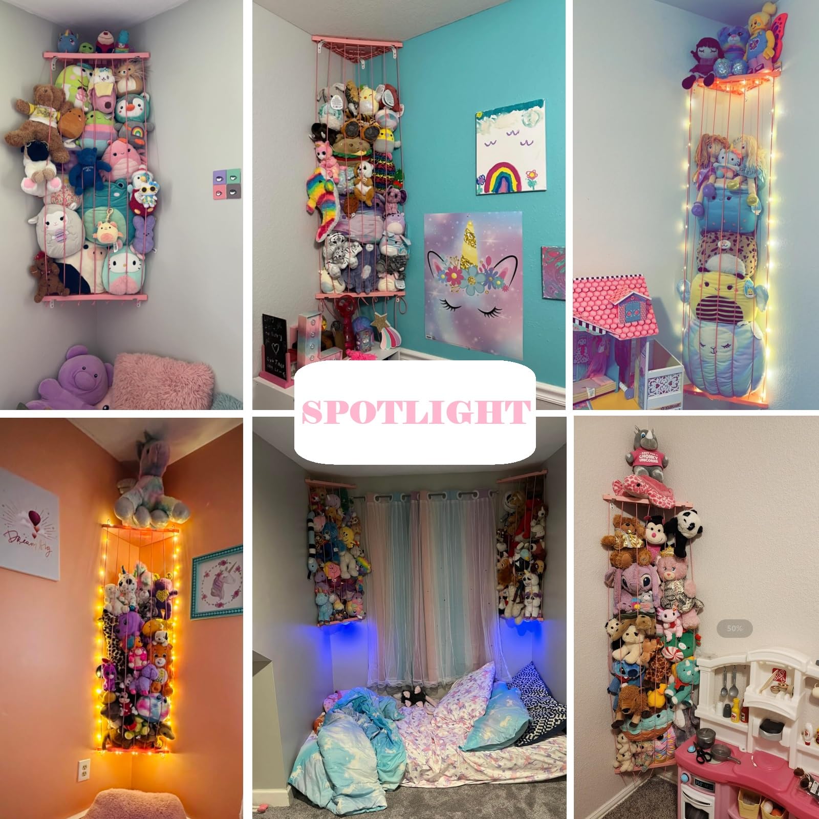 GGUO corner stuffed animal storage net in corner usage — maximizes small spaces for plushies.