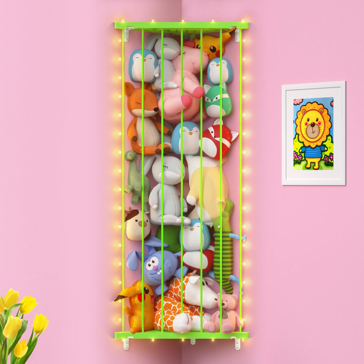 GGUO corner stuffed animal storage net on wall saves floor space for tidy playrooms.