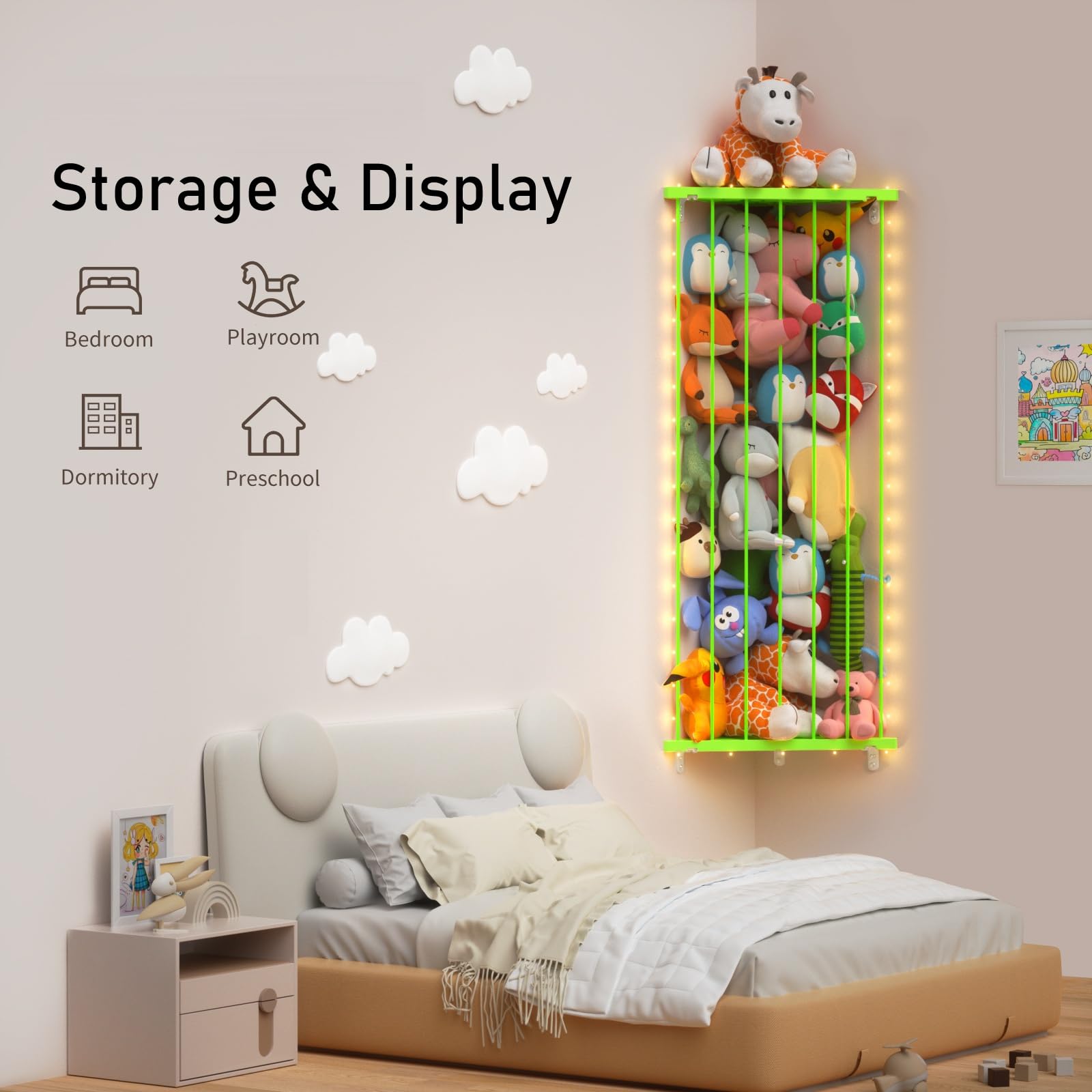 GGUO green corner plush organizer in a bedroom setup