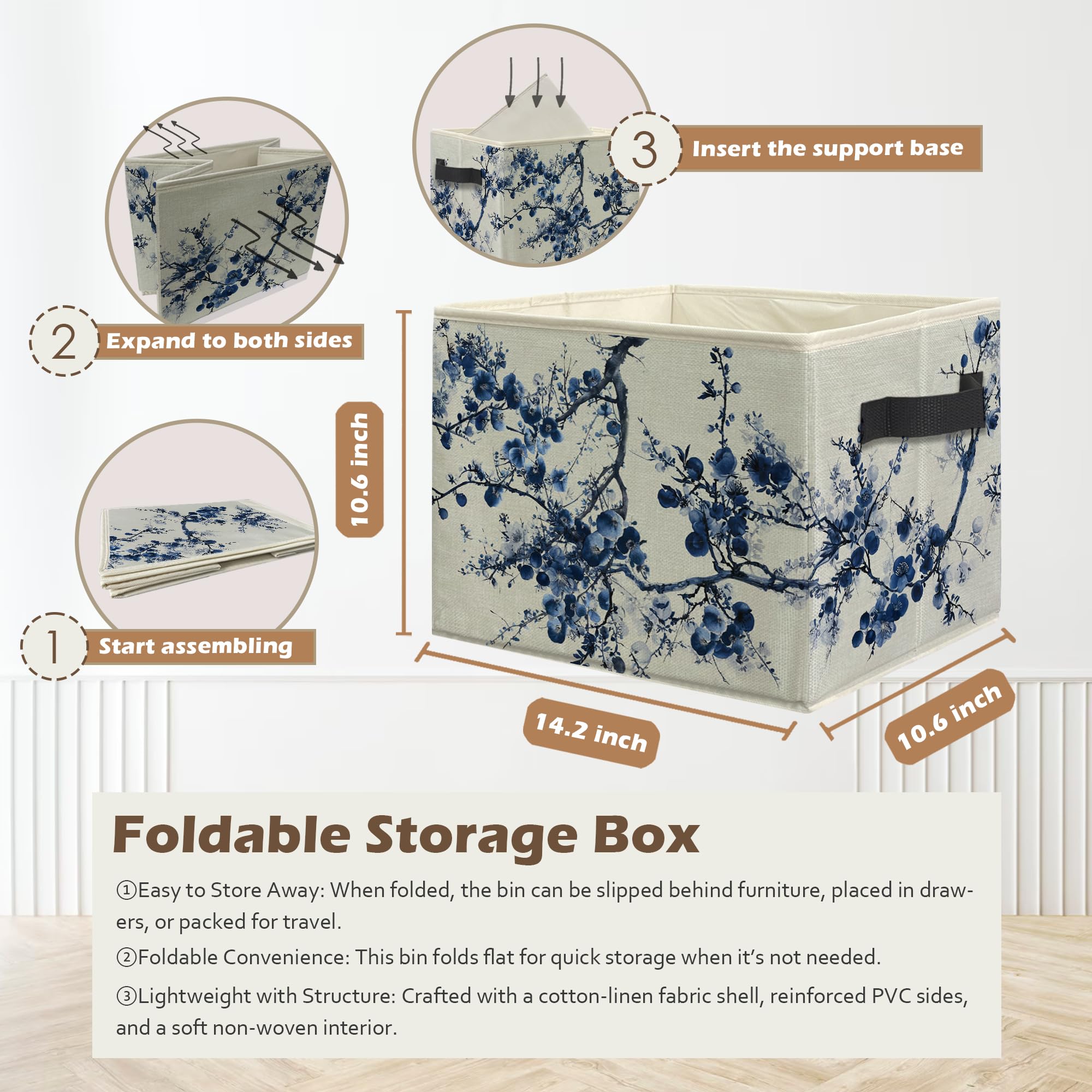 Ghoaoivo chinoiserie blue floral storage bin opened for roomy toy storage.