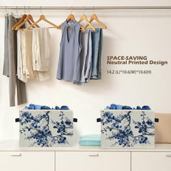 Ghoaoivo chinoiserie blue floral storage bin in a kid's room for neat toy storage.