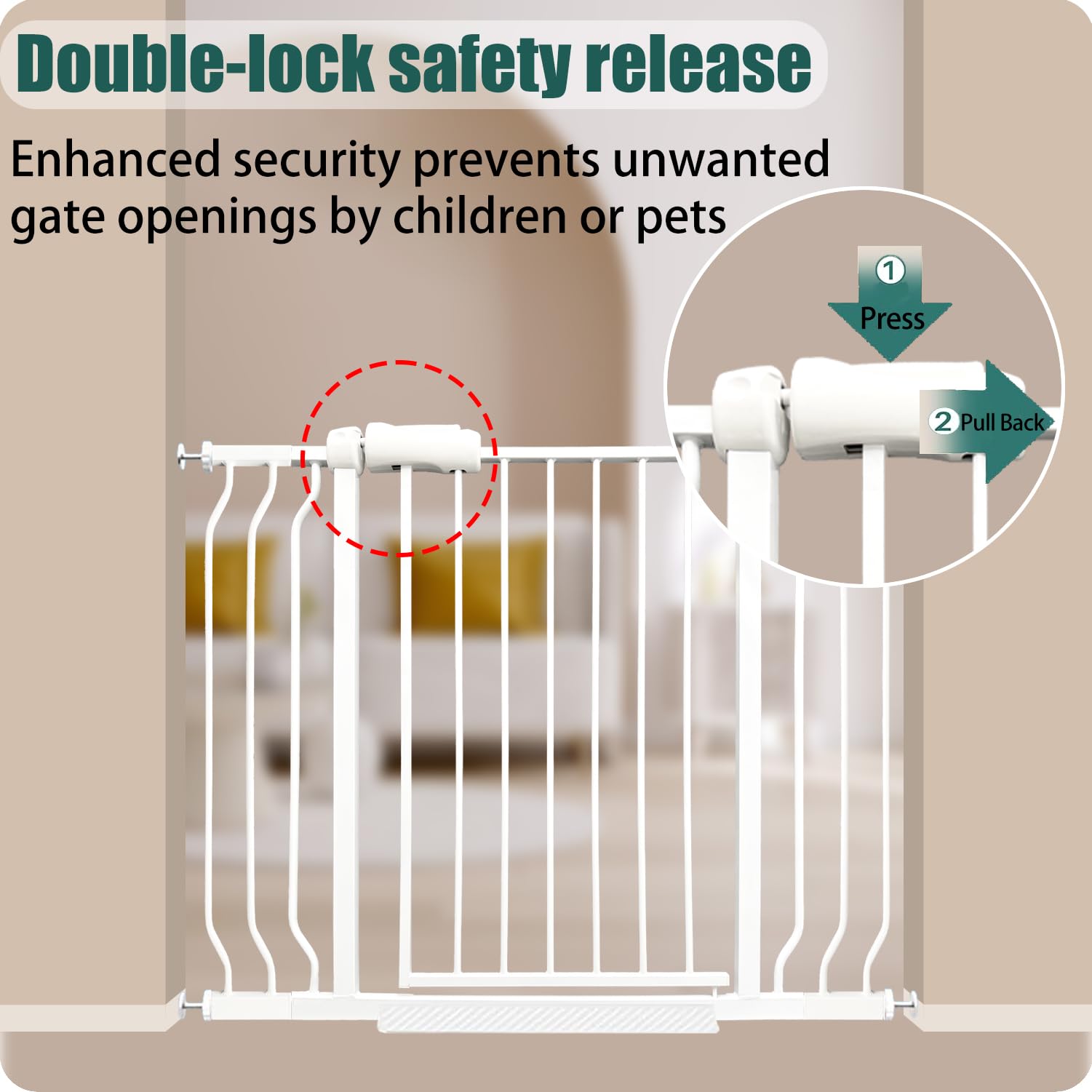 Ghthes Felle walk-through gate shown in doorway for easy access with a baby or pet.