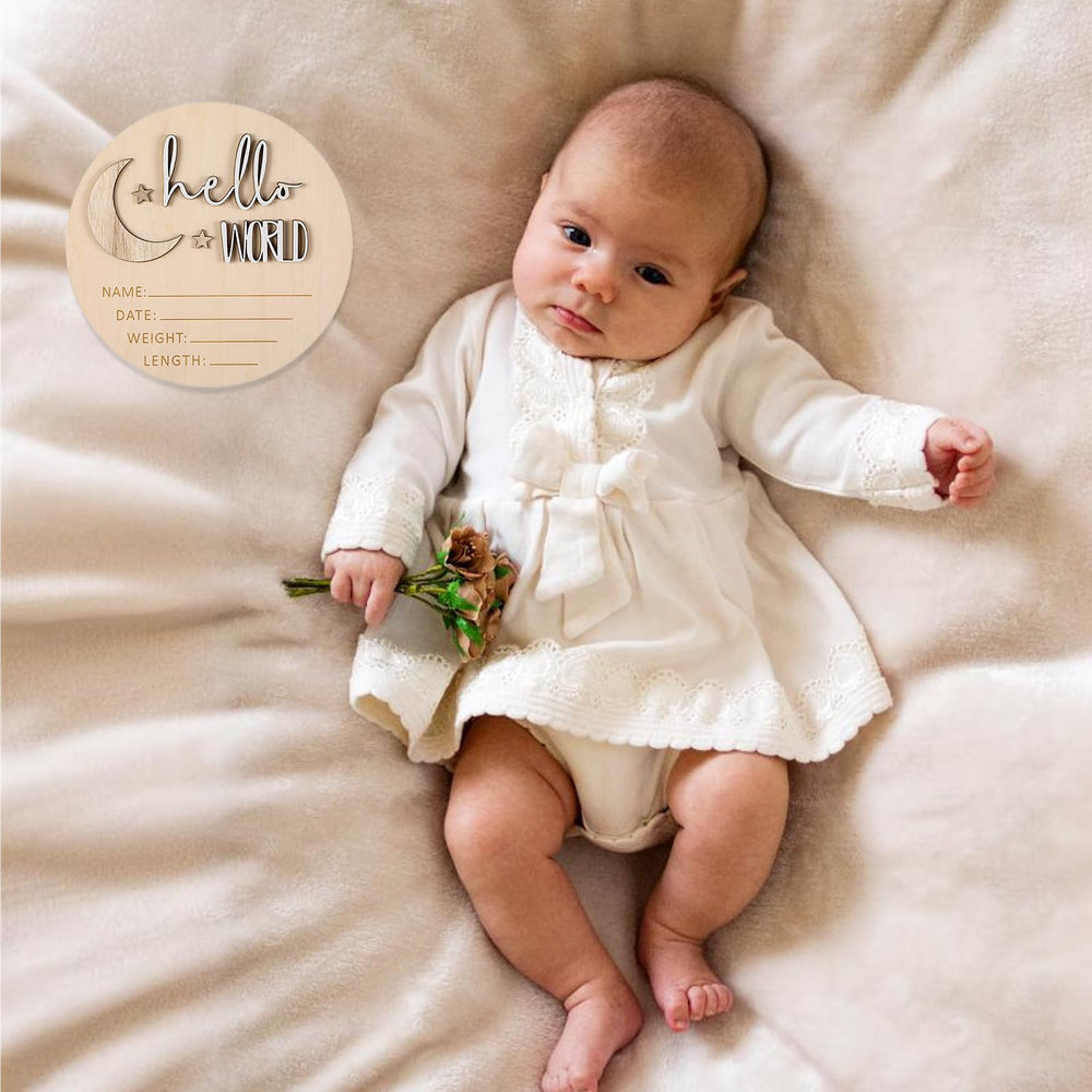 Giantree birth stats on wood sign captures name, date, height, weight as a keepsake