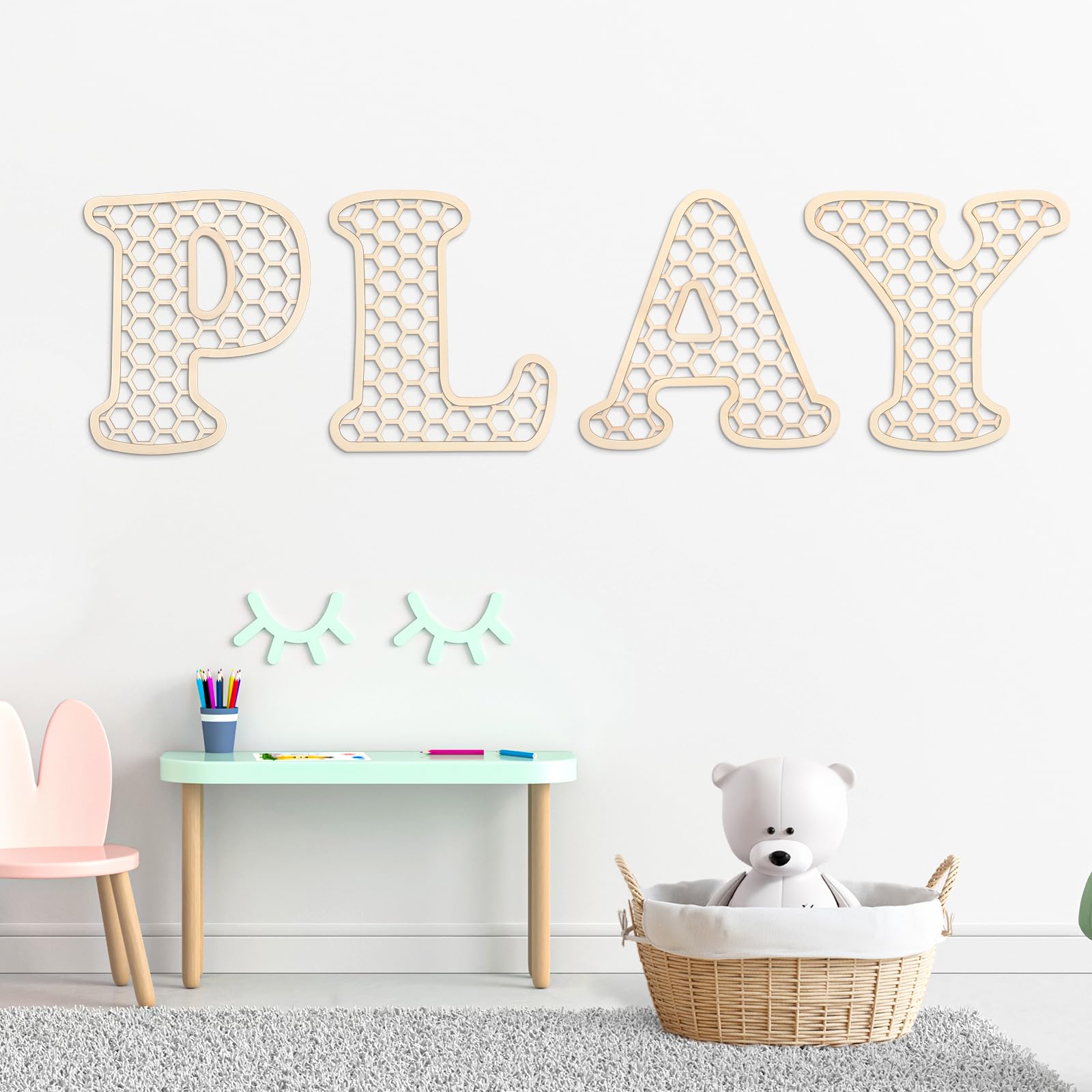 Giantree Playroom Decor rattan-letters-4-letters set enhances playful wall display and learning vibe.