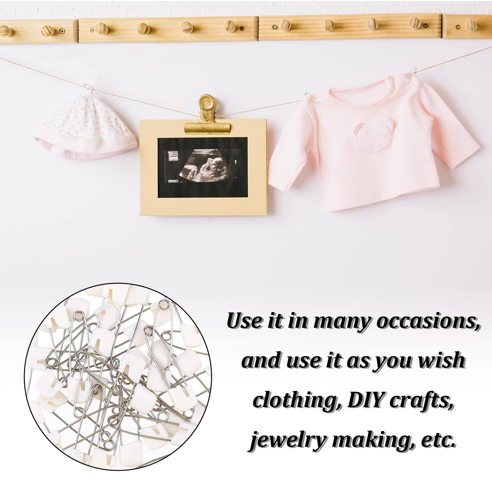 Giantree white plastic head safety pin closeup highlights safe handling and gentle fabric grip.