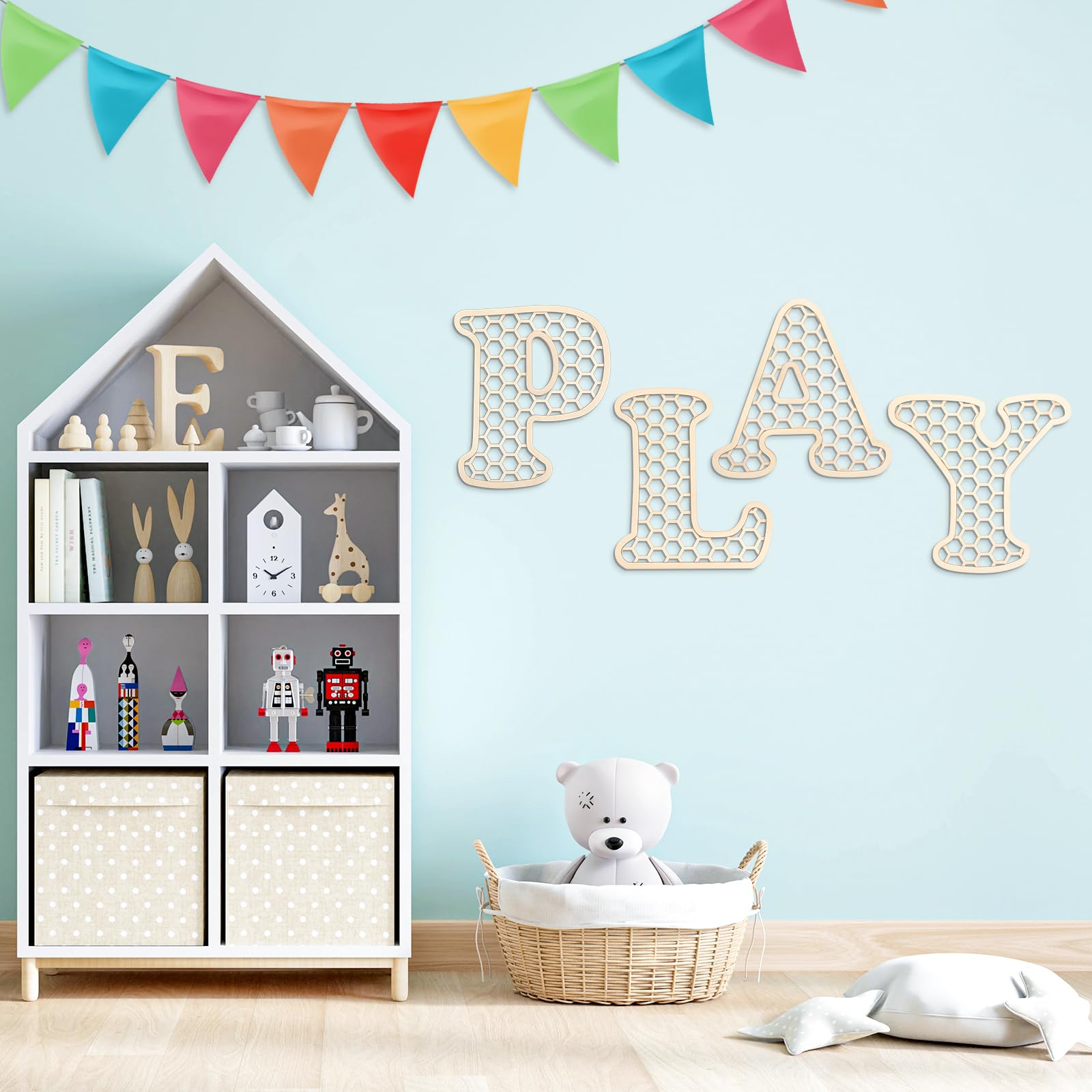 Giantree wooden-rattan-letters versatile-decor for living rooms, bedrooms, and play areas.
