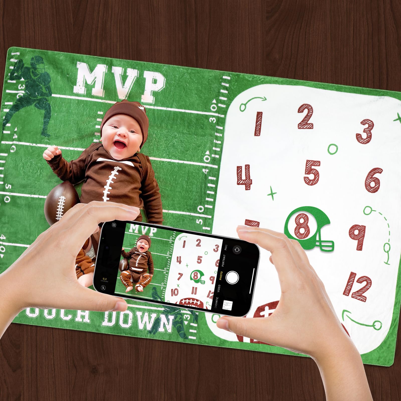 Gicoherero football baby monthly milestone blanket growth-tracking chart for milestone documentation