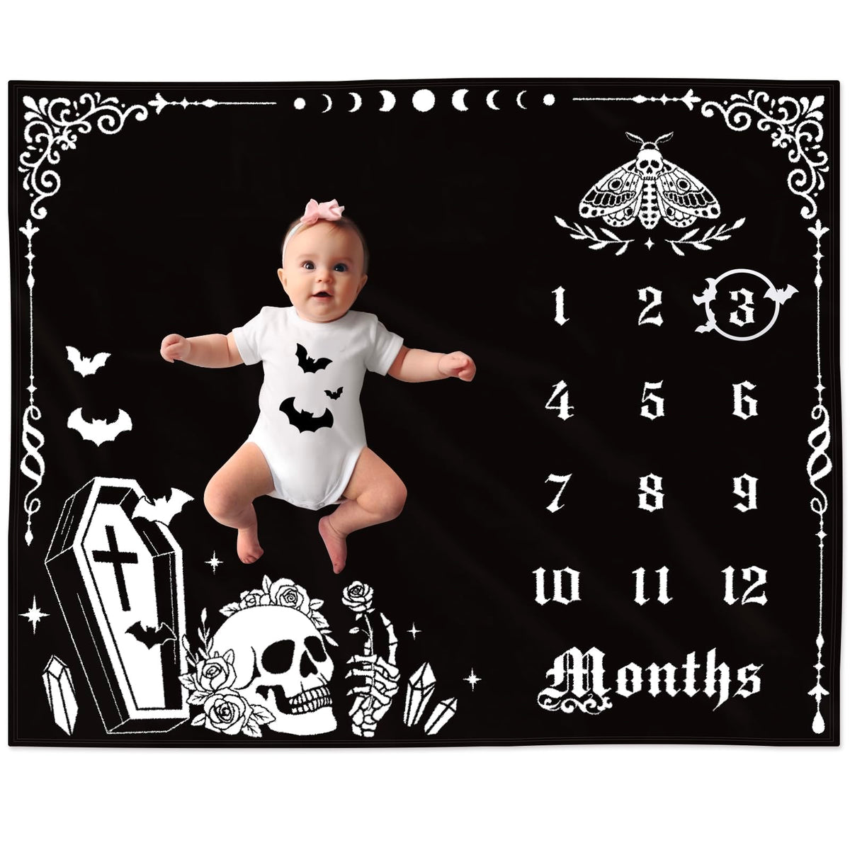 Gicoherero Gothic baby milestone blanket, 50x40 laid flat for monthly growth photos.