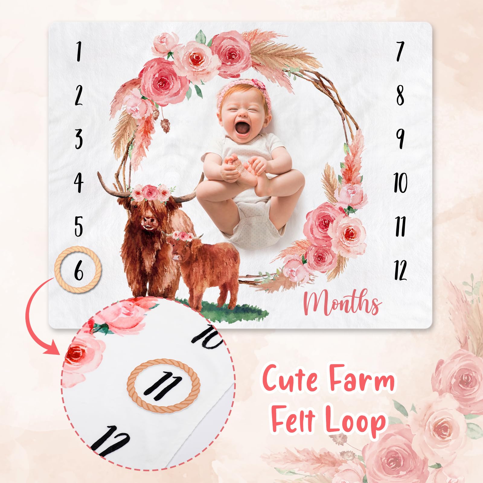Gicoherero Watercolor Highland Cow Baby Monthly Blanket with floral frame