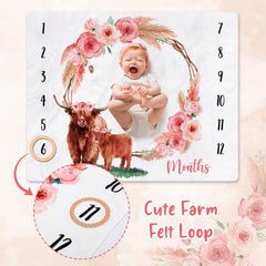 Gicoherero Watercolor Highland Cow Baby Monthly Blanket with floral frame
