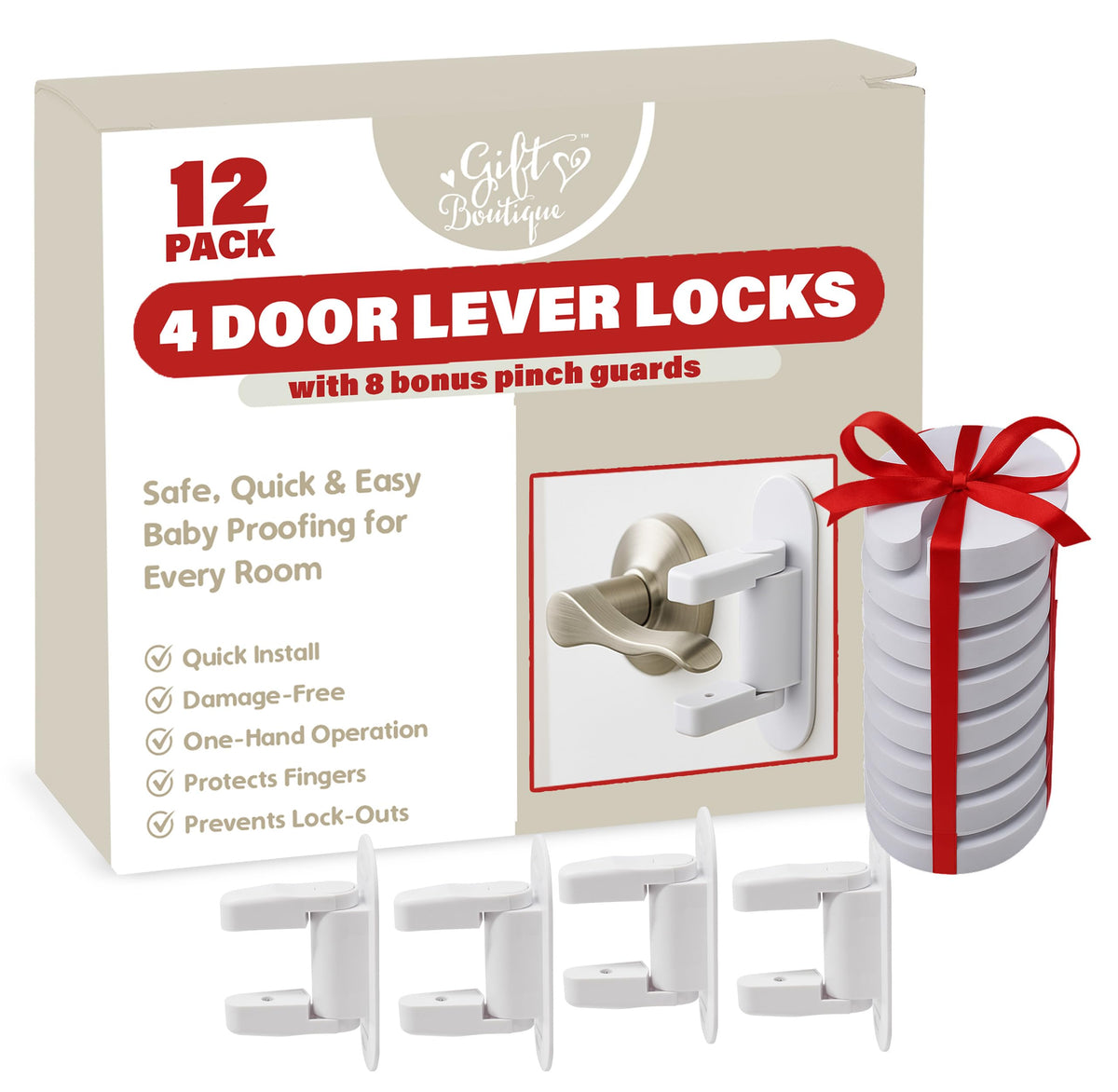 Gift Boutique 4 door lever locks on a door to prevent toddler door access.