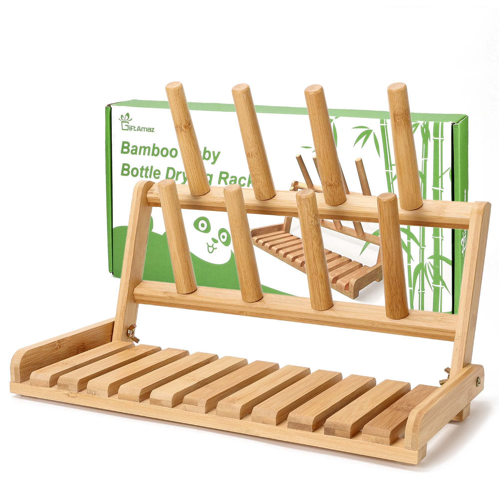 GiftAmaz bamboo baby bottle drying rack assembled for sturdy natural kitchen organization.
