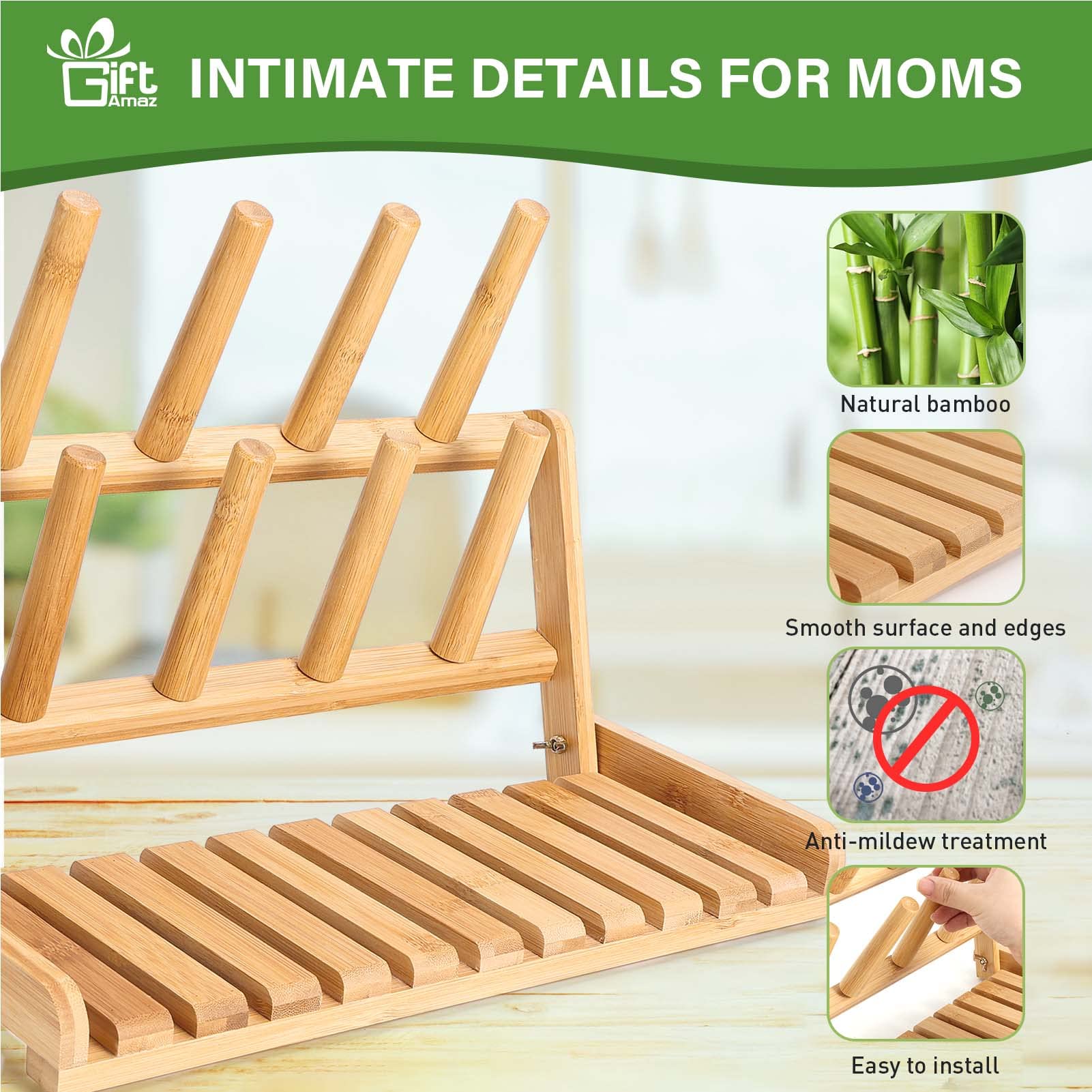 GiftAmaz bamboo bottle-drying-rack wooden-mat closeup shows smooth surface and rounded edges.