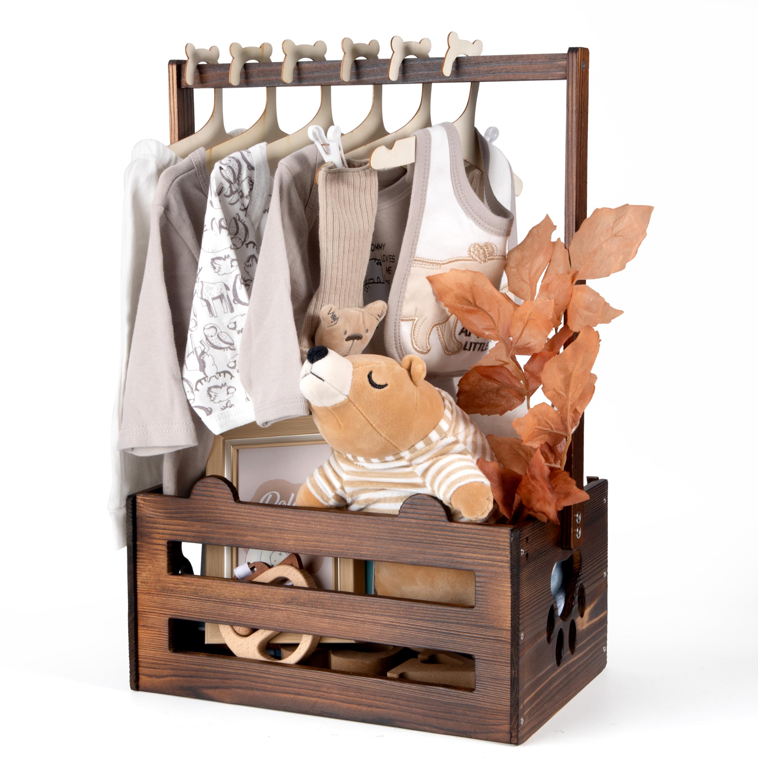 GiftAmaz brown wooden baby shower crate closeup showing premium craftsmanship and timeless style