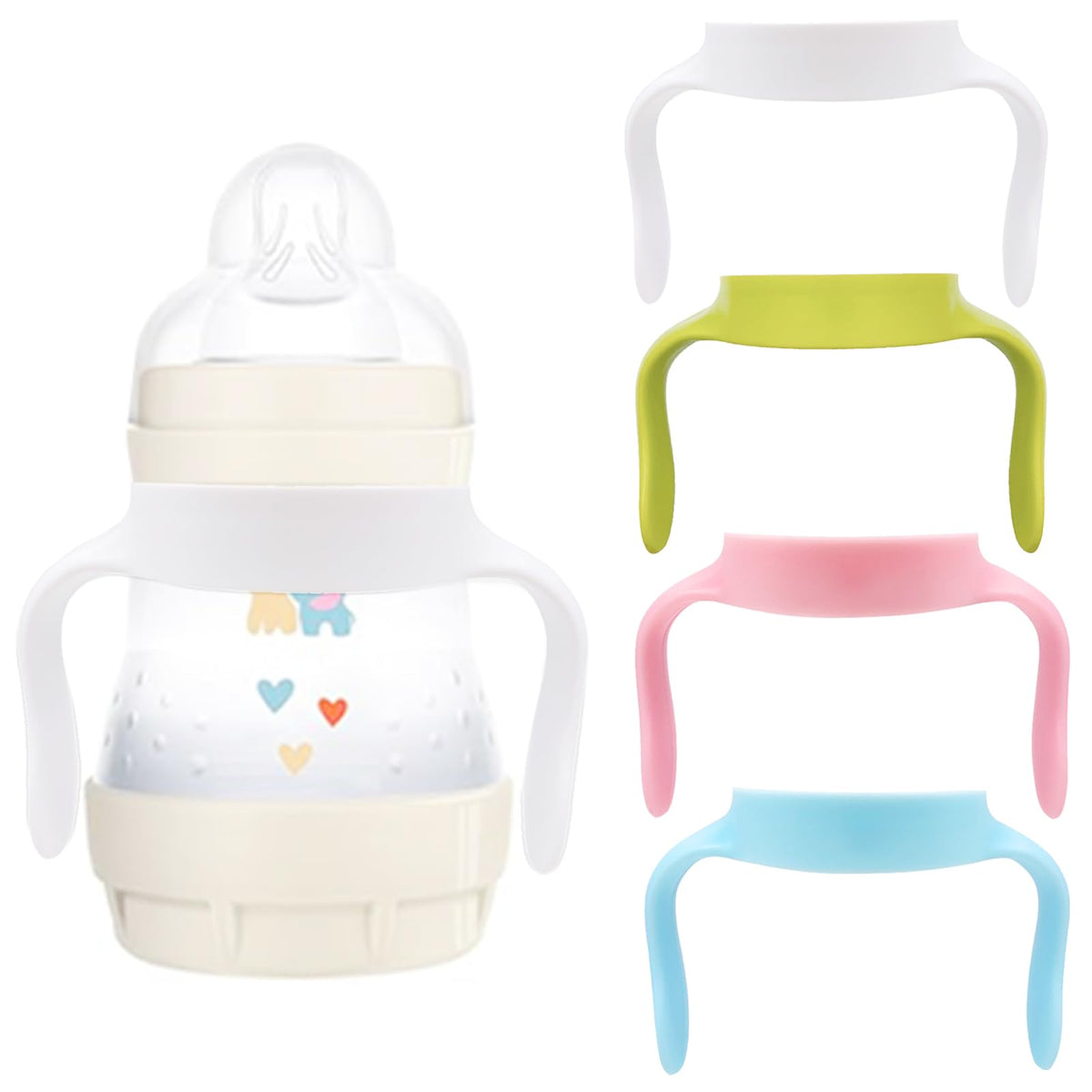 Giftophilia baby bottle handles show Mam compatibility for a secure feeding grip