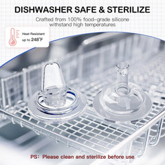 Giftophilia dishwasher-safe nipples simplify cleaning while preserving nipple integrity.