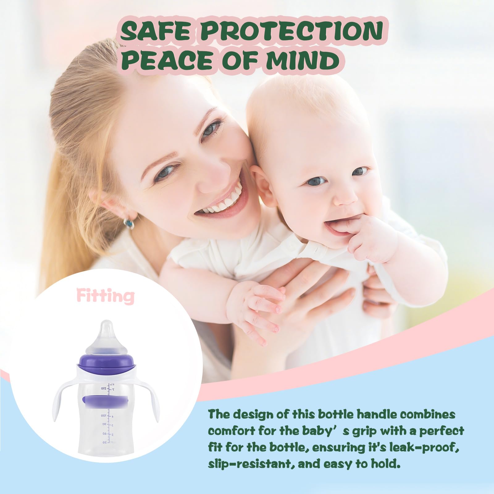Giftophilia pack of four white handles displayed on Lansinoh bottle for smooth transition between feeding stages.