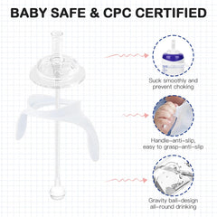 Giftophilia weighted straw enables drinking from any angle for mess-free feeding.