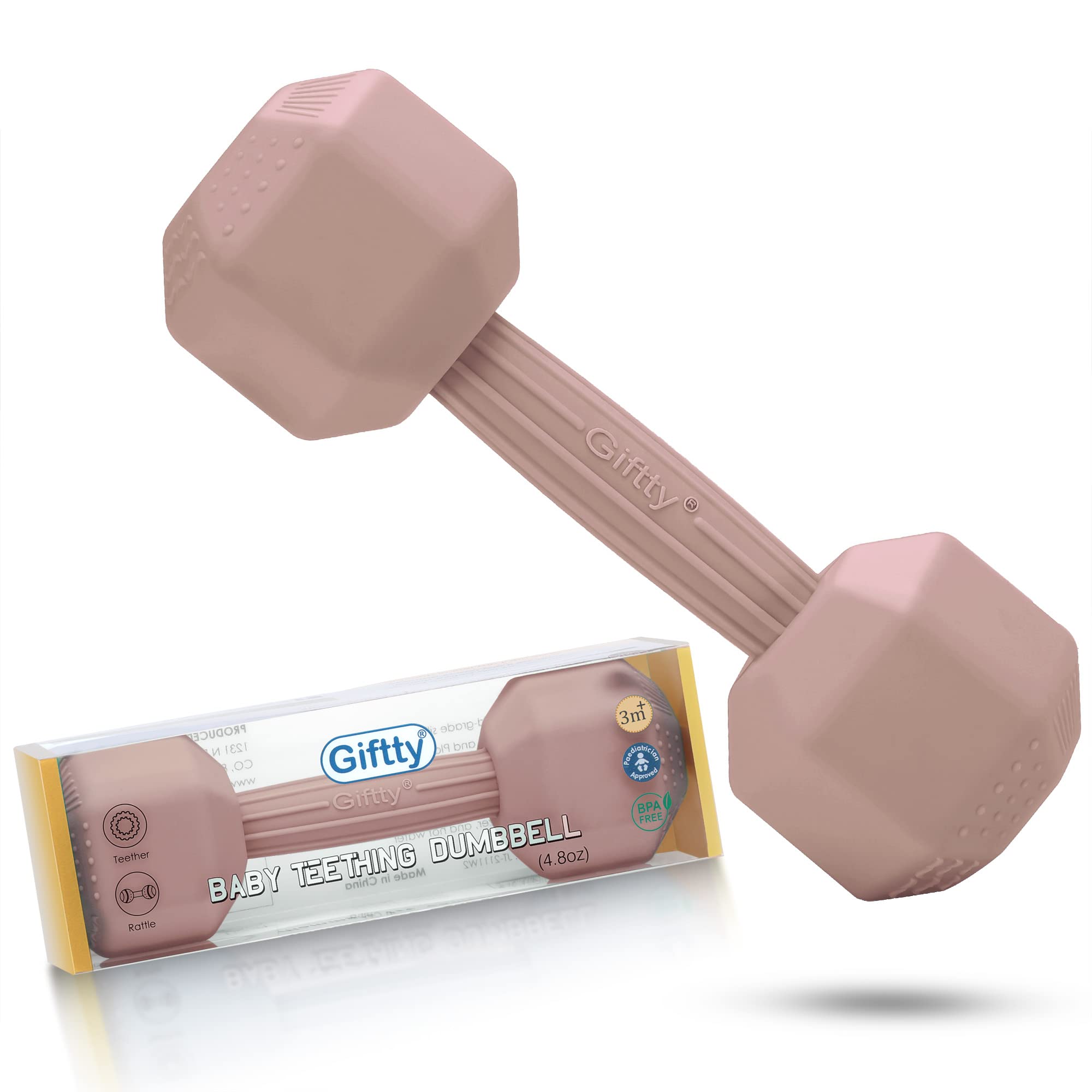 Giftty Baby Dumbbell Toy close-up shows silicone material for safe teething and sensory exploration.