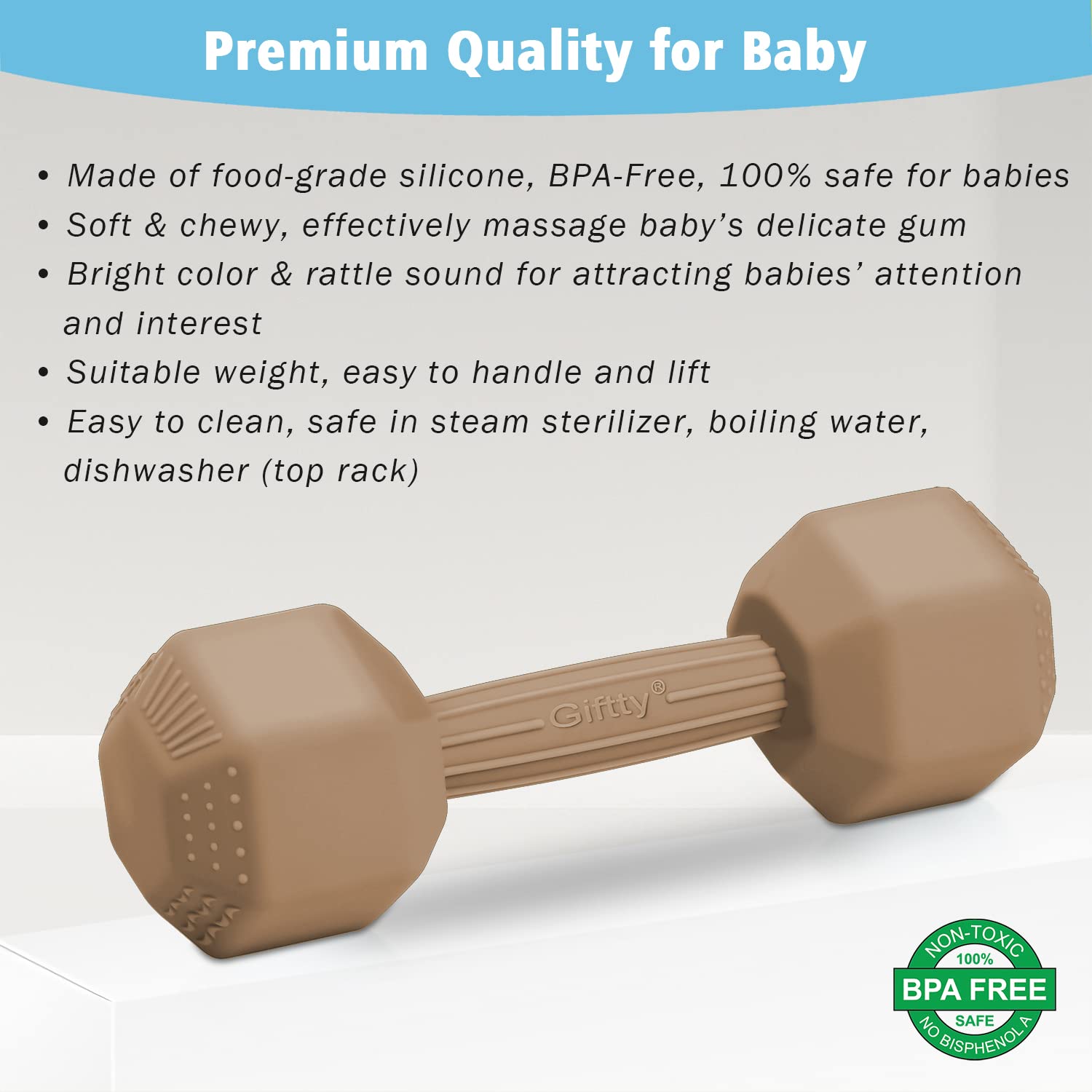 Giftty Baby Dumbbell Toy easy to clean and sterilize for hygienic baby play sessions.